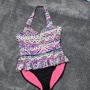 Wonder Nation Women’s Tankini Swimsuit L (10-12) Halter Top 1 Piece swimsuit